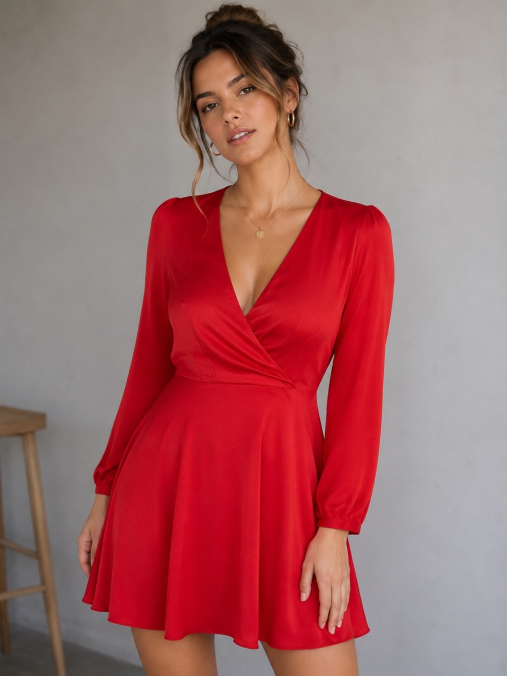 Red Romantic Faux Wrap Dress Date Night Elegant Satin Like Mini Dress NWT XS